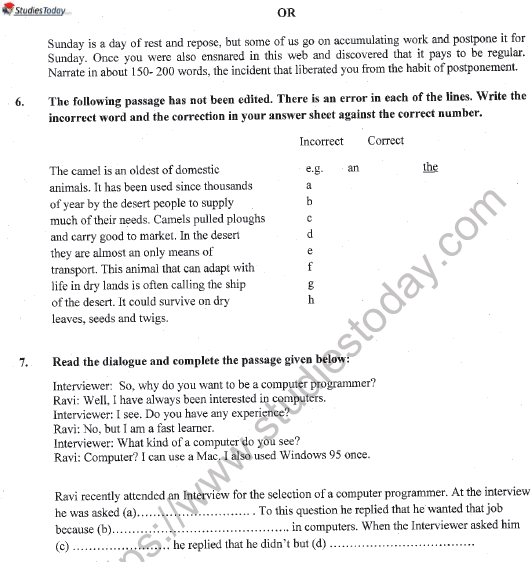CBSE Class 11 English Question Paper Set Z Solved